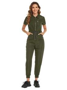 Zipper Front Tie-Waist Casual Nursing Jumpsuit