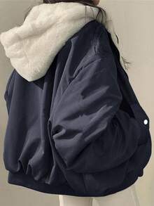 女式超大号连帽仿毛领派克大衣，修身廓形，双面穿，日常街头风格，秋冬短款夹克 - 藍白色 - 查看 5