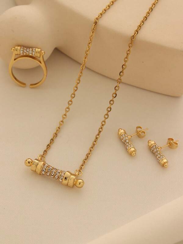1set Minimalist Copper-Plated 24k Gold Inlaid Blue Stone Earrings, Ring And Necklace Jewelry Set, Suitable For Women's Daily Wear