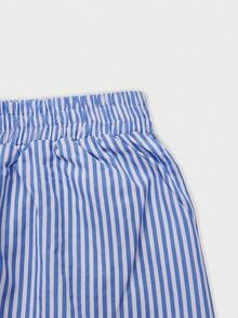 2 件女式条纹裤和条纹前系带荷叶边下摆短款上衣，蓝色和白色 - 藍白色 - 查看 10