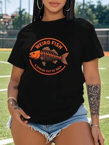 Weird Fish Skeleton Graphic  Women's Plus Size Sports Short Sleeve Casual T-Shirt - 黑色 - 查看 1