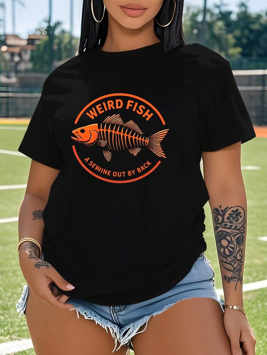 Weird Fish Skeleton Graphic  Women's Plus Size Sports Short Sleeve Casual T-Shirt - 黑色 - 查看 1