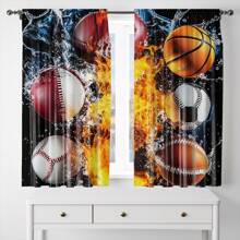 2pcs Classic Polyester Sport Themed Blackout Curtains Set, Dynamic Ice & Fire Design With Baseball, Football, Soccer & Basketball, Ideal For Boys Bedroom Window Treatment
