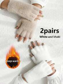 2 Pairs Unisex Solid Color Cute Fuzzy Half-Finger Gloves, Warm Outdoor Cycling Mittens With Wrist Protection For Autumn/Winter, Suitable For Daily Use