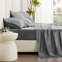 Full Size Satin Sheet Set - 4 Piece Dark Grey Silky Satin Set With Deep Pocket, Luxury Silk Feel Bedding Set (1 Flat, 1 Fitted Sheet, 2 Pillow Cases) - 深灰色 - 查看 5