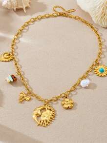 1 Multi-Element Personalized Asymmetrical Moon Pendant Pasted With Turquoise Sunflower, Heart-Shaped Pearl, Colorful Crushed Stone Accessories Chain, Stainless Steel Necklace