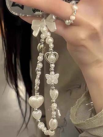 Baroque Phone Lanyard With Beaded String, Luxury Strap For Phone, Camera, Keychain, Women Wristlet Decoration With Pearl, Bow Charm, Fashionable Fashion Accessory