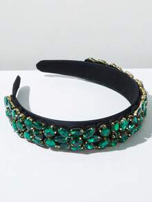 1 件黑色复洛克风格弹性头带，适合女士，闪亮水钻装饰，时尚百搭个性化头饰发饰，发带，发箍，秋季 - 綠色 - 查看 2