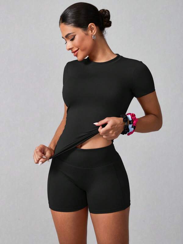 NcmRyu 1pc Women's Fashion High Elasticity Short Sleeve Shorts Sports Suit, Spring/Summer