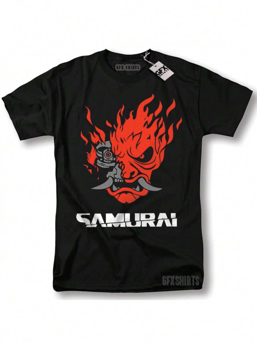 Men Cyberpunk Edgerunners 2077 Samurai Cosplay Gamer T-Shirt Cotton Bold Red Flame Graphic Round Neck Short Sleeve Casual Fit All-Season Comfort Machine Washable Ideal For Anime Cosplay Events Anime Cosplay - màu đen - Xem 1