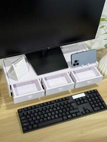 1pc Desktop Storage Rack Monitor Riser Stand For Computer Screen Office Desk Organizer Shelf - White - View 3