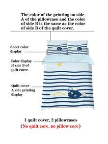 4 件套卡通鲨鱼吃虾印花床上用品套装，包括 1 件羽绒被套 + 2 件枕套 + 1 件床单，适用于宿舍/儿童房的单人床，男孩/女孩