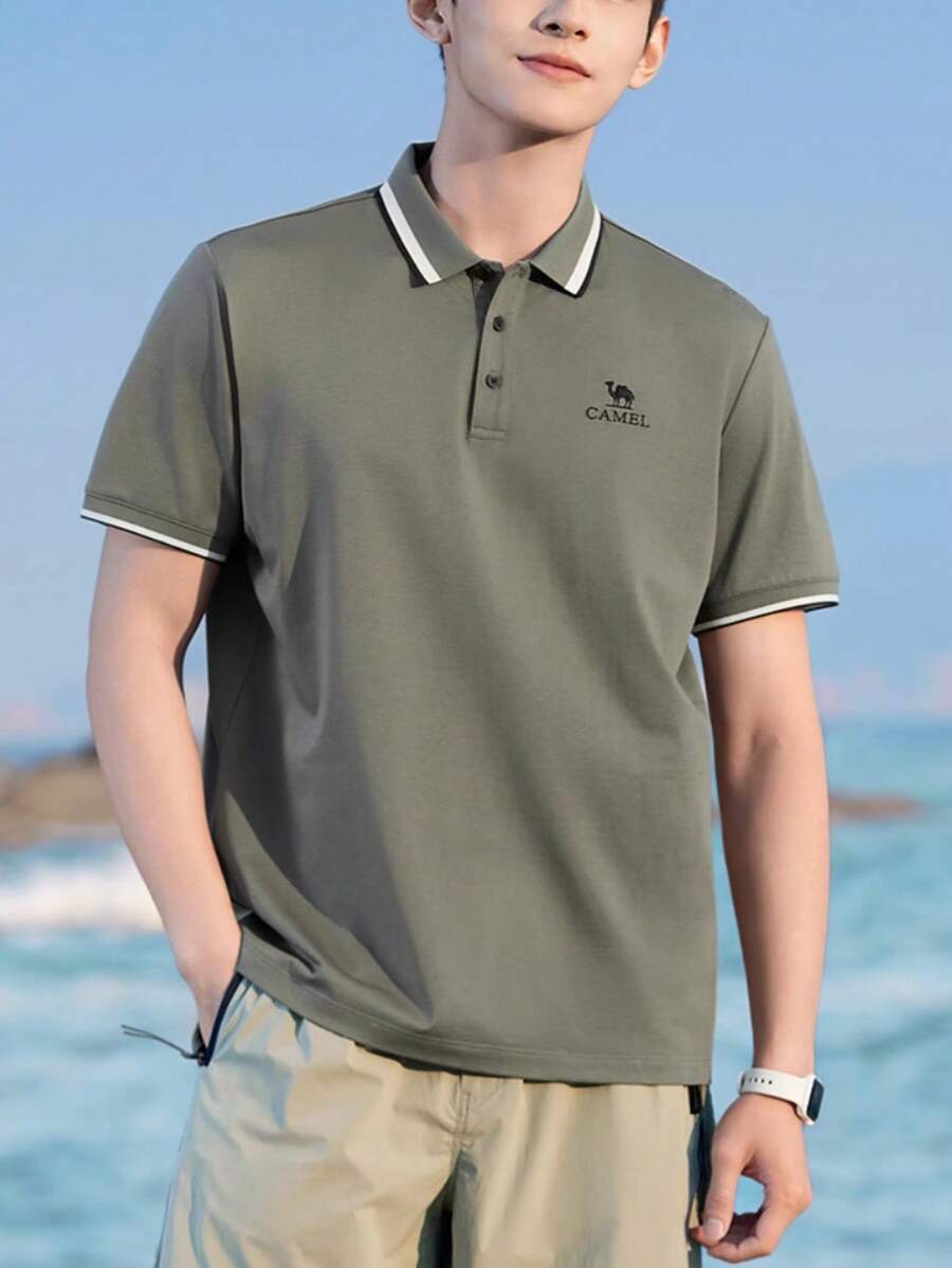 CAMEL CROWN Polo a maniche corte da uomo, maglietta con colletto traspirante per primavera ed estate - Verde oliva scuro - Visualizzare 1