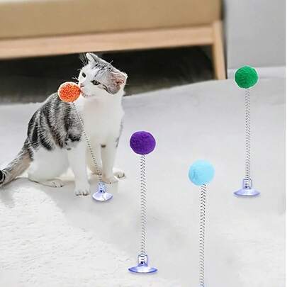 带毛绒球、金属弹簧逗猫棒和吸盘底座的互动猫玩具 - 色彩鲜艳，无需电池，设计耐用，适合所有品种，刺激狩猎本能和嬉戏兴奋，狩猎模拟玩具，活力猫玩具，毛绒球玩具，室内猫玩具