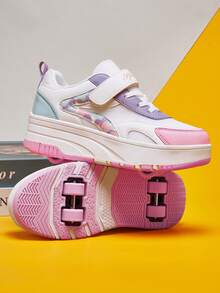 Tênis com Rodas de 4 Rodas para Adolescentes - Sapatos de Skate Destacáveis com Tira, Parte Superior em PU + Tela, Estampa Camuflada - Sapatos Esportivos para Deslizar ao Ar Livre - Rosa chiclete - Visão 1
