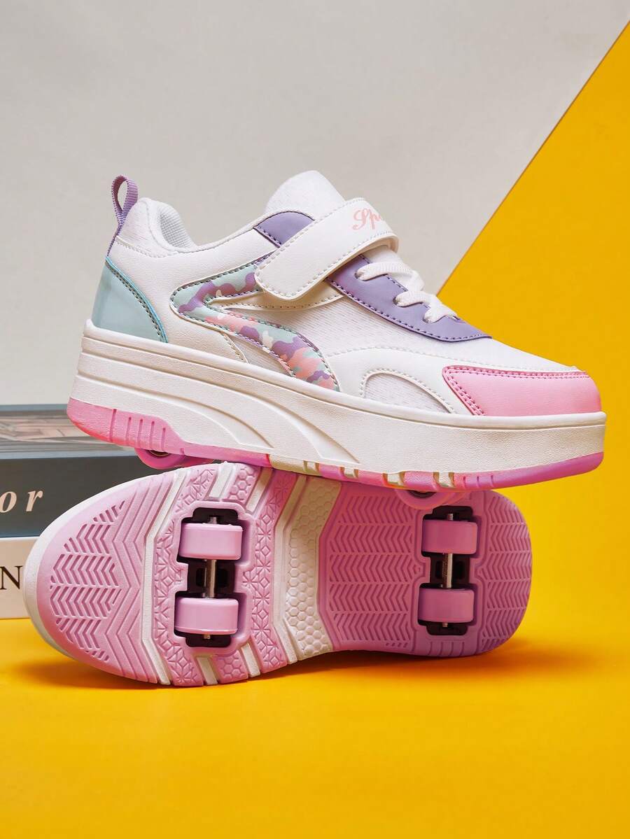 Tênis com Rodas de 4 Rodas para Adolescentes - Sapatos de Skate Destacáveis com Tira, Parte Superior em PU + Tela, Estampa Camuflada - Sapatos Esportivos para Deslizar ao Ar Livre - Rosa chiclete - Visão 1