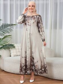 优雅女士印花露肩长款宽松睡袍连衣裙 - 香檳色 - 查看 1