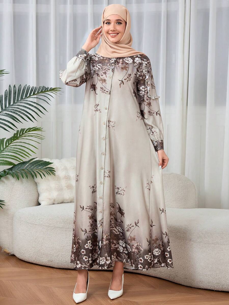 优雅女士印花露肩长款宽松睡袍连衣裙 - 香檳色 - 查看 1