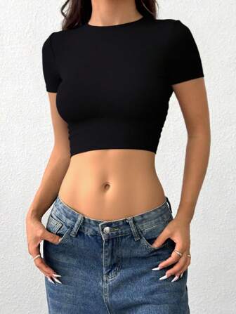 小圆领短袖纯色基本款紧身女式休闲T恤