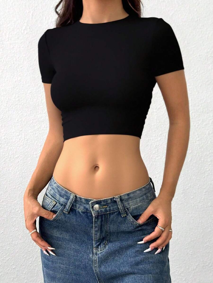 Tricou casual pentru femei cu mânecă scurtă și guler rotund mic