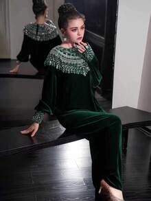 女士纯色保暖圆领天鹅绒刺绣优雅连衣裙，秋冬 - 墨綠色 - 查看 3