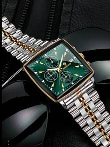 BINBOND 方形设计男士石英表，奢华时尚多功能计时表盘，不锈钢防水表壳，商务及情人节礼物，男士石英表 - 綠色 - 查看 7