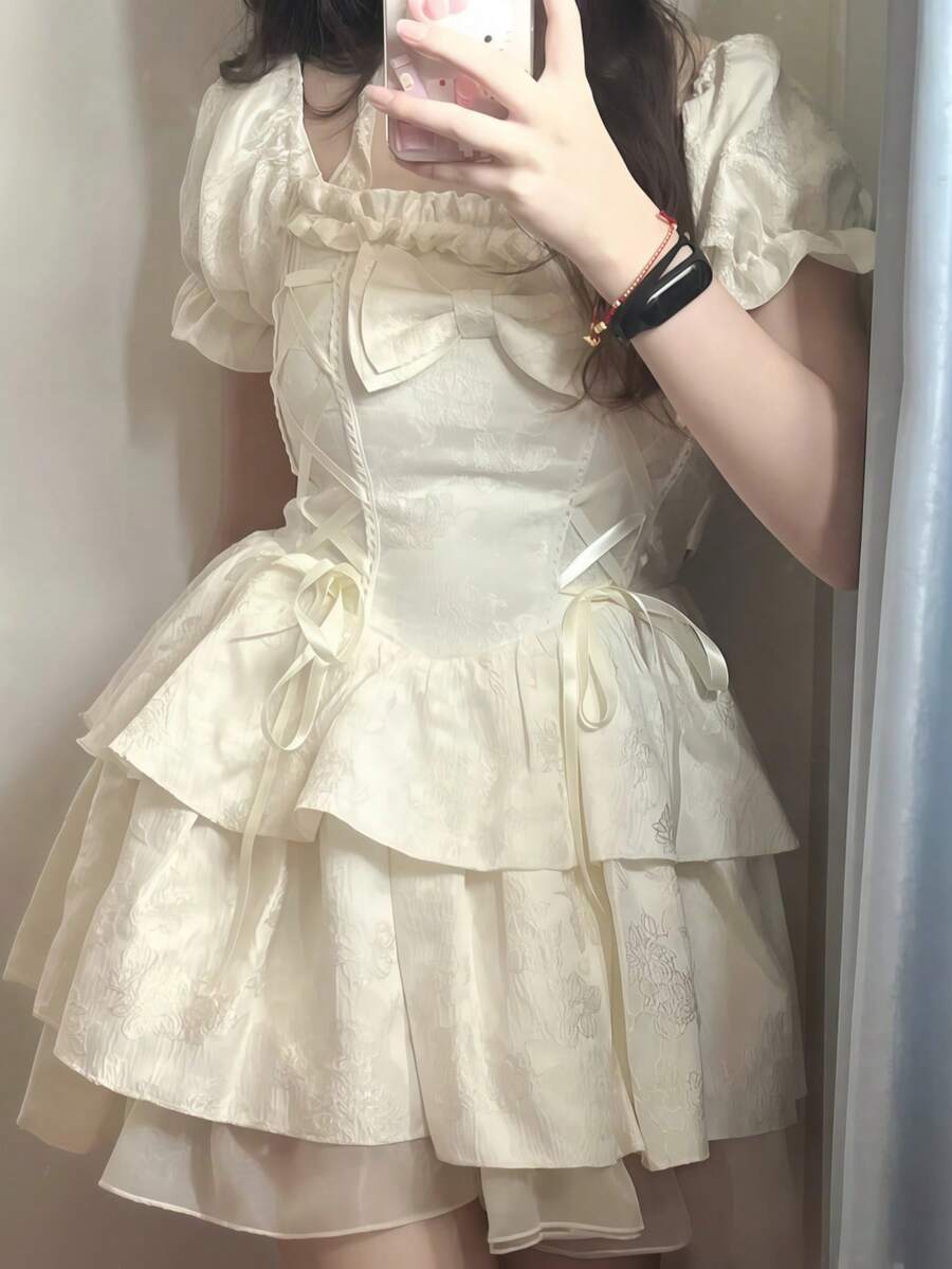 1 件夏季梦幻凉爽可爱女式洛丽塔公主风格泡泡袖多层荷叶边吊带裙，可爱的蝴蝶结细节，公主裙，适合休闲日常装扮，搭配夹克和万圣节拍照 - 彩色 - 查看 1