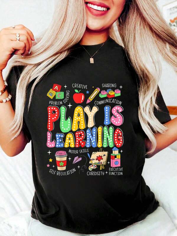 Play Is Learning Teacher First Day Of School Back To School T-Shirt Cotton Graphic Tee For Women, Round Neck Short Sleeve Casual Tops