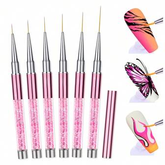 1 Or 6 Sets Of Liner Brushes, Pink Drill Rod Design, Metal Connector, Durable And Flexible, Suitable For Professional Nail Brushes And Beginners At Home