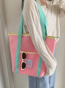 1 Pc Macaron Contrasting Color Summer Bbeach Bag, Mesh Large Capacity Tote Bag, Dopamine Clothing Storage Bag, Suitable For Beach, Swimming, Travel And Vacation Essentials, Portable Travel Bag, Foldable Multifunctional Storage Bag