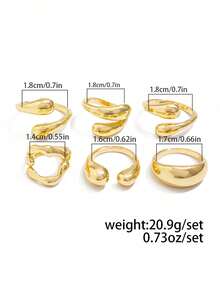 6pcs/Set Vintage Minimalist Alloy Molten Lava Teardrop Design Open Rings, Asymmetrical Fashionable Thick Metal Gold Tone Ring Set, Irregular Drops Of Liquid Metal Drape Over The Ring, Its Surface Replicating The Etched Texture Of Waves, With A Cold Sea Spray Luster On The Electroplated Silver Background. The Glazed Droplets Are Embedded With A Bubble Pattern, A Blue And White Gradient That Resembles The Crashing Waves Of The , And A Crescent-Shaped Indentation Hidden In The Ring's Opening And Closing Points. When The Fingertip Shakes, The Cut Surface Reflects The Shimmering Waves, As If Wearing The Instantly Frozen Waves On The Finger, The Gentle And Rigid Design Allows A Sense Of Niche And A Sense Of Art To Coexist.Suitable For Women's Daily Commute,Perfect Gift For Birthdays, Holiday Gifts, And Parties. Suitable For Daily Wear And Holiday Celebrations, Suitable For All Seasons, And Is An Ideal Choice For Holiday Accessories. - 金黃色 - 查看 6