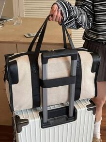 Simple Large Capacity Travel Luggage Bag, Fashionable Colorblock Handbag Boston Shoulder Bag, Versatile For Casual Use, Can Be Carried As Shoulder Or Crossbody Bag, Black & Brown With Beige Travel Bag For Suitcase Overnight Bag Gym Bag Duffle Bag Weekend Bag Duffel Bag Carry On Bag College Bag Luggage Bags Weekender Bag For Luggage Hospital Bag Holiday Winter Bag For School School Accessories School Stuff