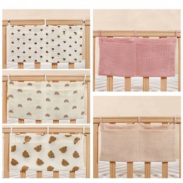 Double Layer Baby Crib Side Organizer Bag With Dual Pockets, Stroller Hanging Diaper Bottle Organizer With Print Design