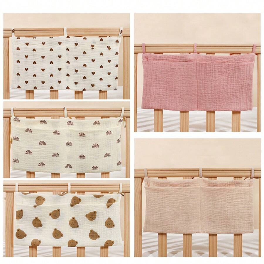 双层婴儿床侧收纳袋，带双口袋，婴儿车悬挂式尿布瓶收纳袋，带印花图案