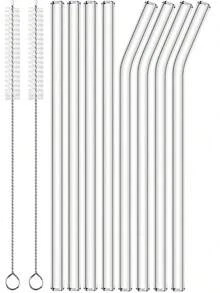 14 Packs Reusable Glass Straws Set - 6 Straight & 6 Bent Drinking Straws With 2 Cleaning Brushes - Shatter-Resistant Glass Straws For Cocktails, Smoothies, Juice, Milkshakes, Iced Coffee, Boba Tea, Soda, Lemonade, Protein Shakes, Cold Drinks, Adults - Perfect For Home, Office, Party, Travel, Restaurant, School, Camping, Dishwasher Friendly, 8.5''/20cm Long-Lasting - Clear - View 12