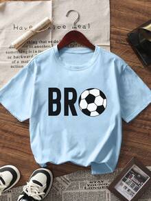 Navy Blue Short-Sleeved Crew Neck T-Shirt With "Bro" Football Print For Pre-Teen Boys, Summer Sports T-Shirt For Football-Loving Pre-Teen Boys - 淺藍色 - 查看 2