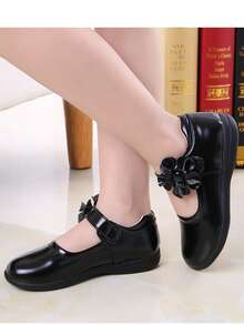 Children's Shoes, Girls' Leather Shoes, Soft-Soled Princess Shoes, Fashionable Spring And Autumn 2025 New Style, Bow Soft Soled Hook And Loop One-Legged, Black Baby And Primary School Performance Shoes - Black - View 2