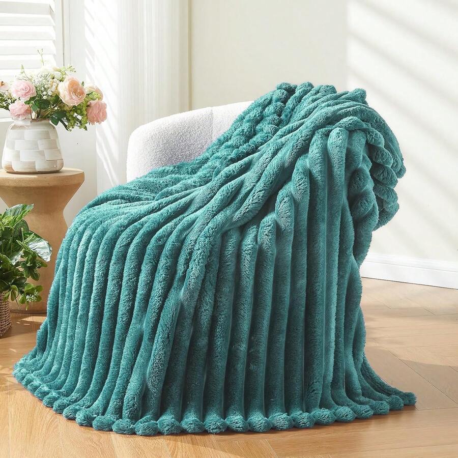 Super Soft King Blanket Pink Premium Silky Flannel Fleece 3D Ribbed Jacquard Lightweight Bed Blanket All Season Use (Pink Ribbed, King(90"X110")) - 淺青色羅紋 - 查看 1