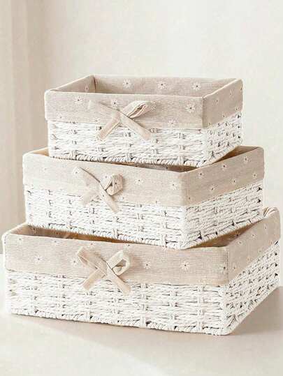 1 件/3 件编织桌面收纳篮，适用于零食、化妆品、玩具和其他家居用品，多功能织物收纳盒，适用于咖啡桌或钥匙篮，桌面装饰收纳篮，手工编织带衬里的收纳篮，节日装饰礼品收纳，理想的礼品篮