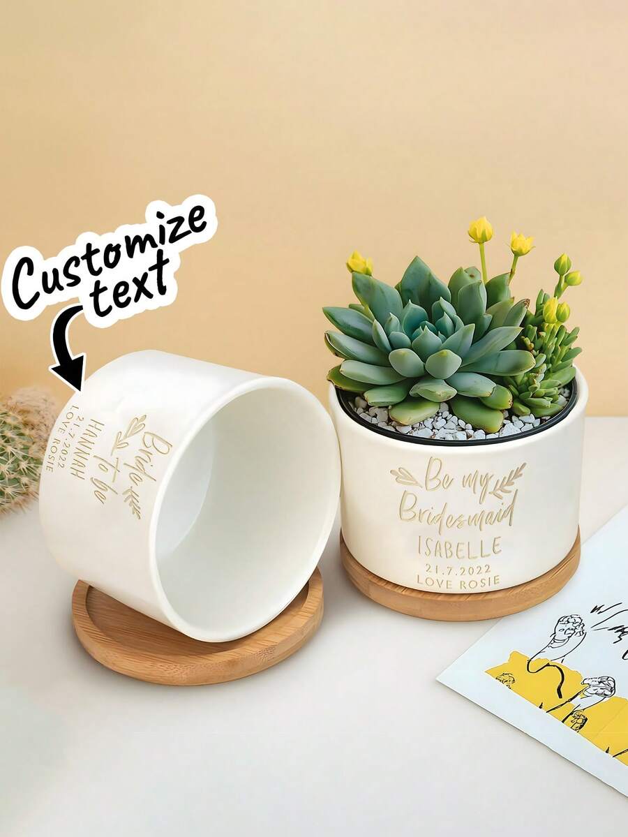 Customized Text Ceramic Flower Pot, Personalized Bridesmaid Gift, Succulent Planter With Bamboo Tray, Engraved Flower Pot, Wedding Party Favor, Bridal Shower Proposal Gift Box, Newlywed Memorabilia, Cute Small Plant Pot, Suitable For Office Desk, Workplace Or Home Decor - Multicolor - View 1
