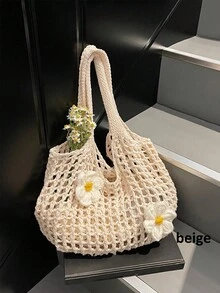 Women's Large Capacity Solid Color Crochet Tote Bag Knitted Hollow Design Fashionable Beach Shopping Bag For Travel And Vacation Women Knitted Hollow Out Tote Bags New Large Capacity Shoulder Composite Bag Weave Beach Vacation Handbags