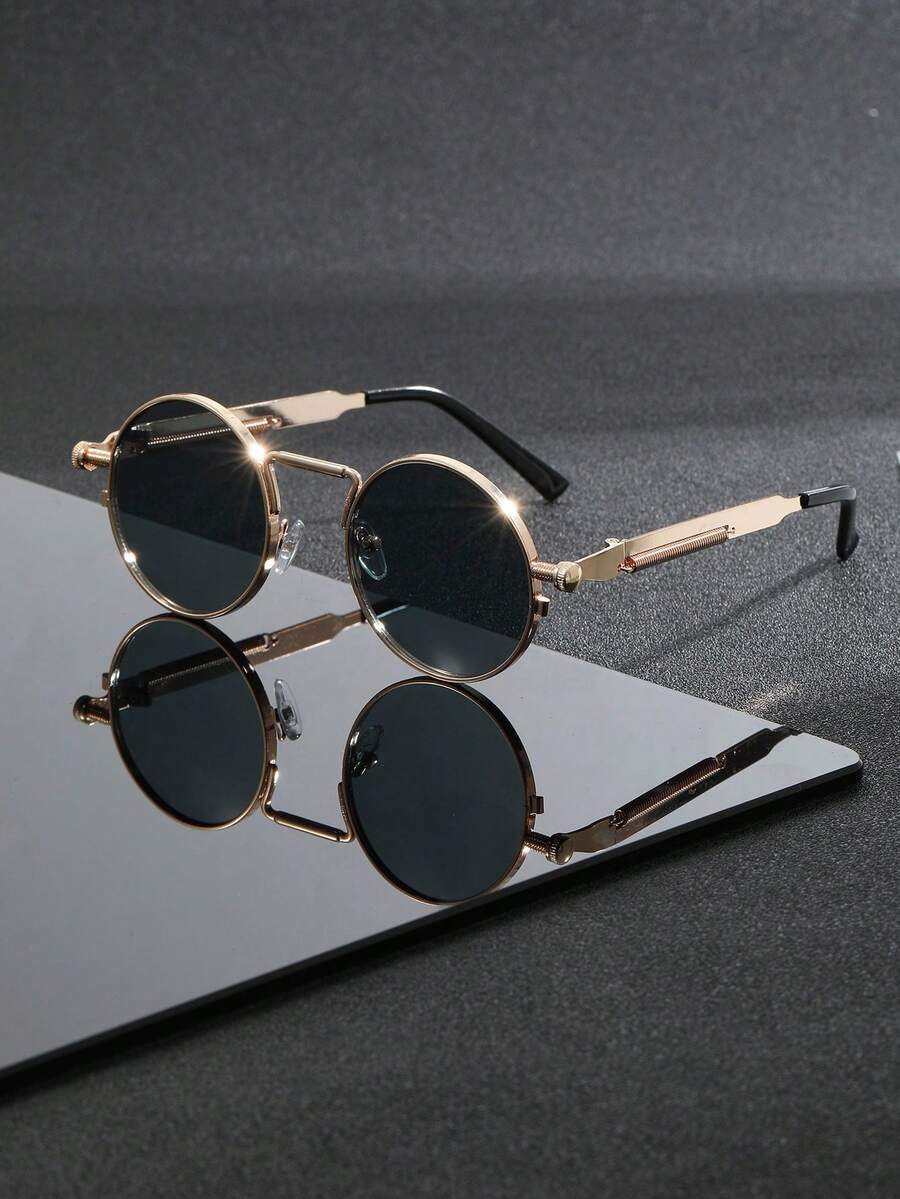 1 Pair Men's New Metal Round Steampunk Fashion Glasses, Spring Leg Design, Great Gift For Boyfriend