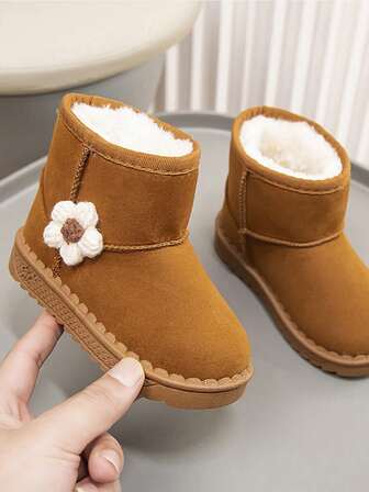 女童花卉装饰保暖内衬雪地靴，适合幼儿和小孩的保暖冬靴（鞋底印花随机）