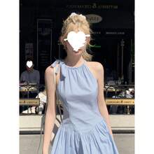 A Sweet And Spicy Blue Halter-Neck Summer Dress In French Style. Perfect For A Summer Beach Vacation, And Also Flattering For Petite Women. Features A Slimming Waist, A Short Skirt With A Ribbon Detail, A Zipper, And A Patchwork A-Line Design. - Blue - View 3