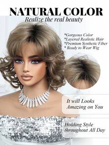 优雅蓬松复古卷发棕色亮点 12 英寸短卷发假发带刘海，编织合成女士假发，适合日常和节日佩戴，万圣节圣诞礼物 - 挑染棕色 - 查看 3