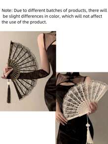 1/2pcs Elegant Retro Chinese Style Black & White Lace Folding Hand Fan, Hanfu/Cheongsam Accessories, Retro Tassel Photography Props For Party & Ball, Perfect For Summer Fan (Without Tassel At Bottom) - Multicolor - View 10