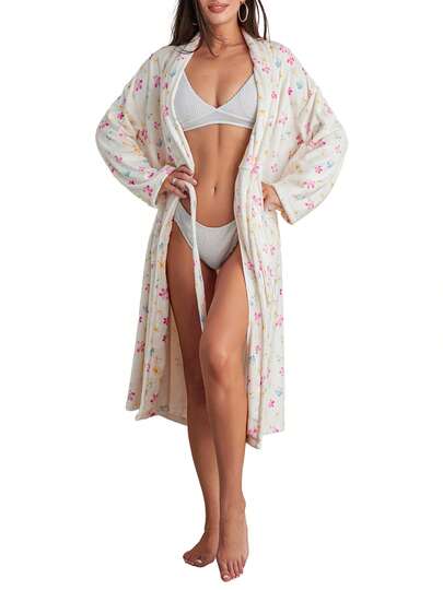 Women Dressing Gown Flannel Robe Floral Print Shawl Collar Bathrobe For Hotel Spa Party Kimono Robe With Belt