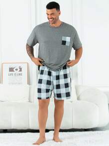 مجموعة بيجامة للرجال ذوي الحجم الكبير 2 قطعة ذات سروال قصير مربعات، وقميص بياقة مستديرة وأكمام قصيرة، بتصميم بسيط مناسب للربيع والصيف، متعدد الاستخدامات للراحة المنزلية والنوم