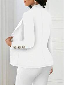 Women's Solid Color Elegant Lapel Long Sleeve Button Faux Pocket Regular Jacket White Spring - White - View 5