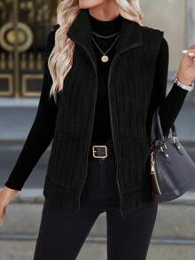 Solid Color Minimalist Plush Cardigan Vest, Versatile Outerwear - Black - View 4